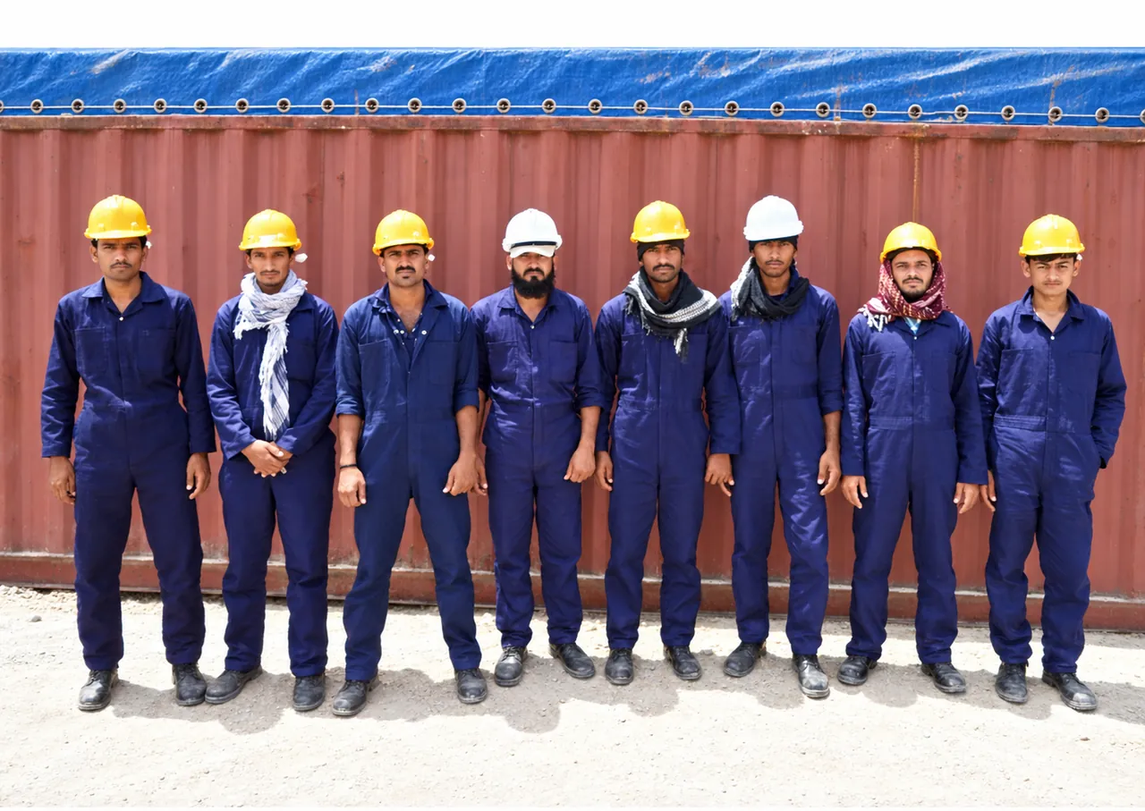 Enhanced company archive portrait of members of the site workforce wearing safety helmets